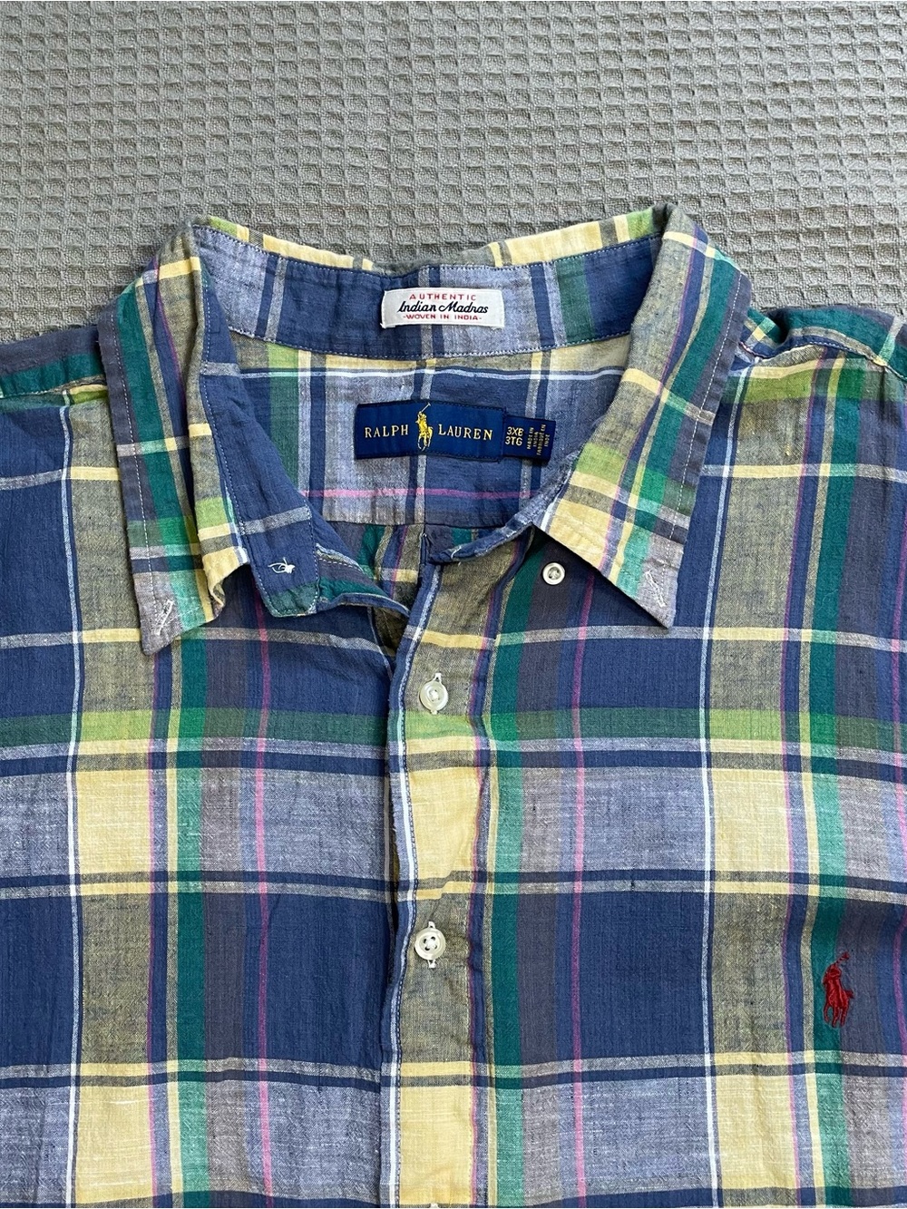 Ralph Lauren Indian Madras Plaid Shirt 3XB Mens Blue Multi Plaid Short Sleeve
